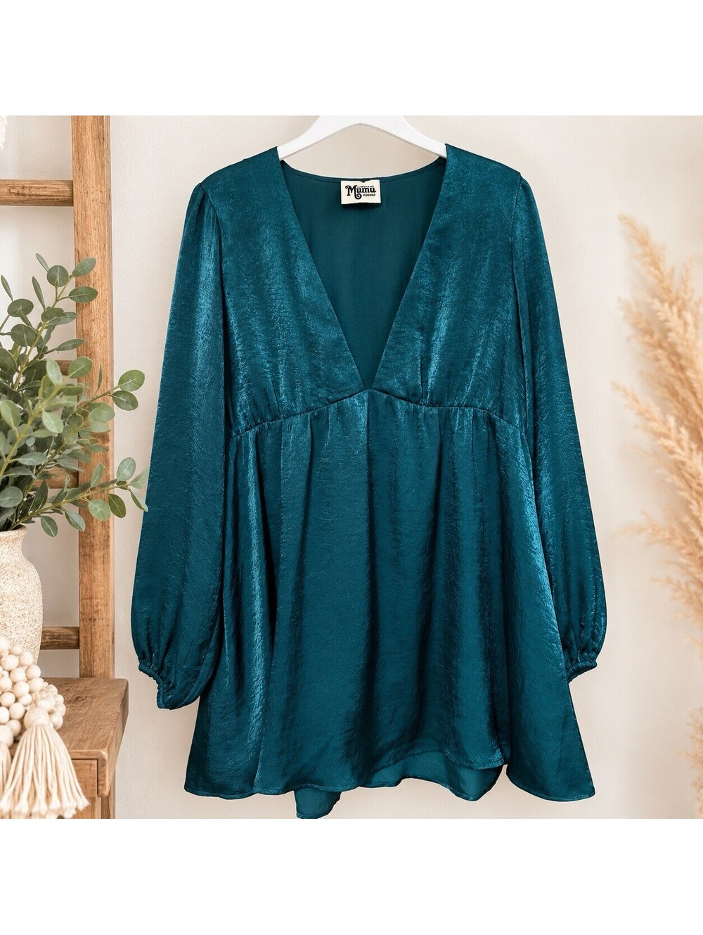 Show Me Your Mumu Dakota Dress Medium Emerald Teal Satin Long Sleeve Mini